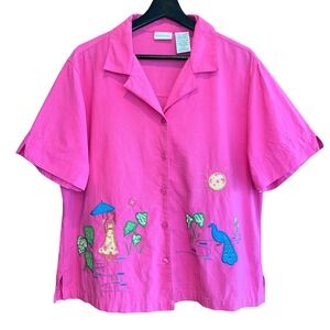 White Stag Embroidered Button Up Top Womens L Pink Tropical Short Sleeve Coastal